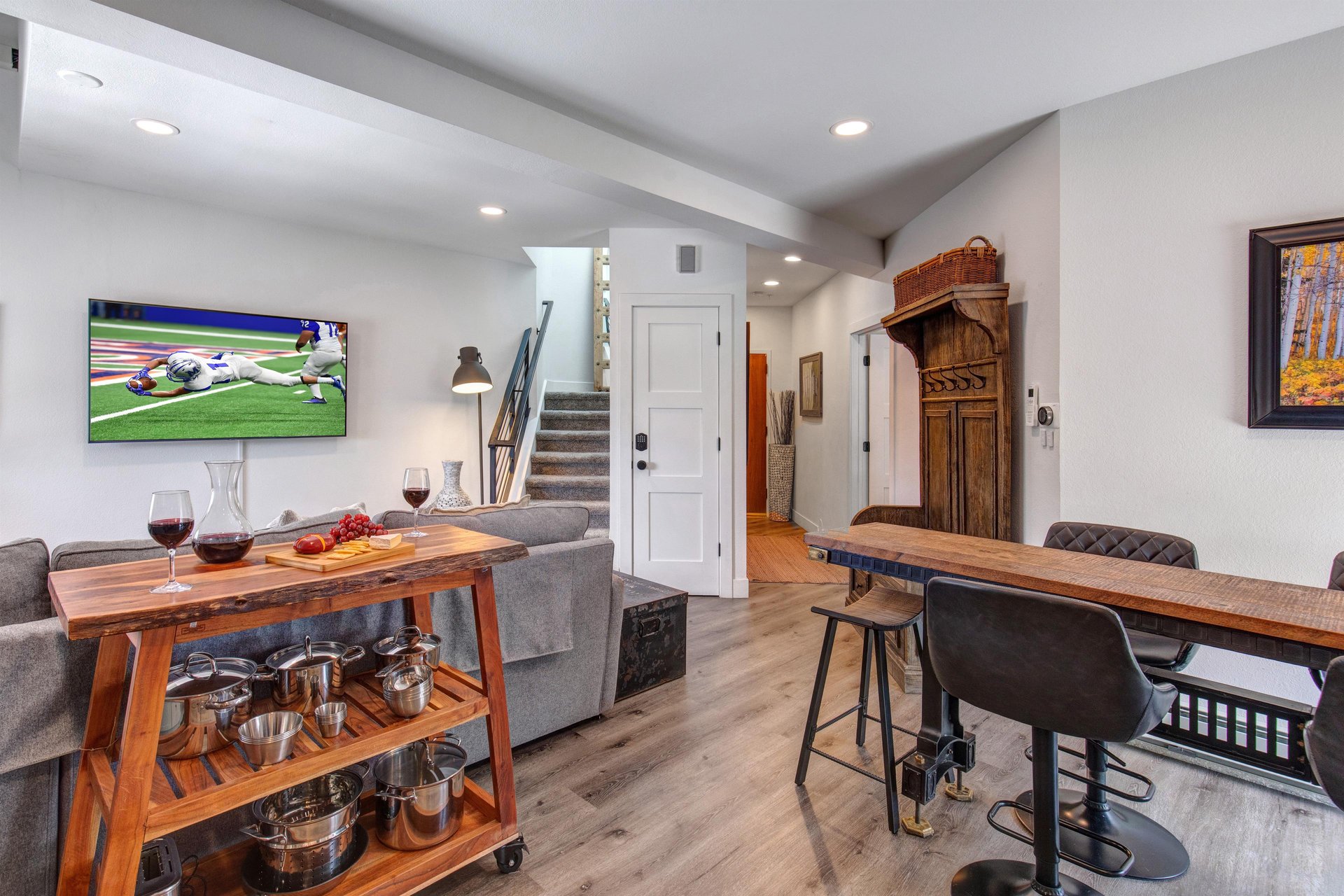 The open concept floor plan  kitchen, dining area, and living area.