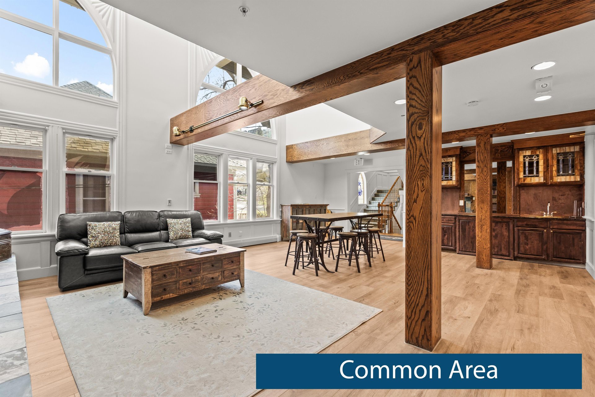 The Blue Church Lodge has a spacious common area to gather with your group and then retreat to your own private vacation rental.