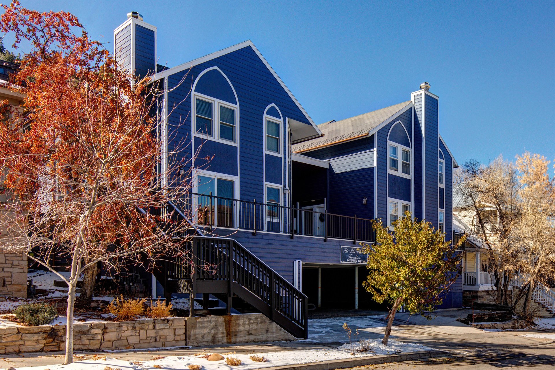 Blue Church Lodge with the parking garage entry on the ground level.