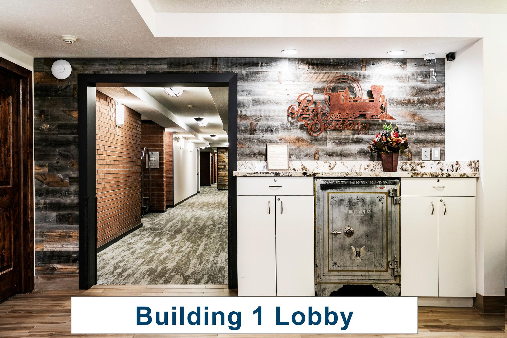 Park Station building 1 lobby with storage area, and leading to hallways.