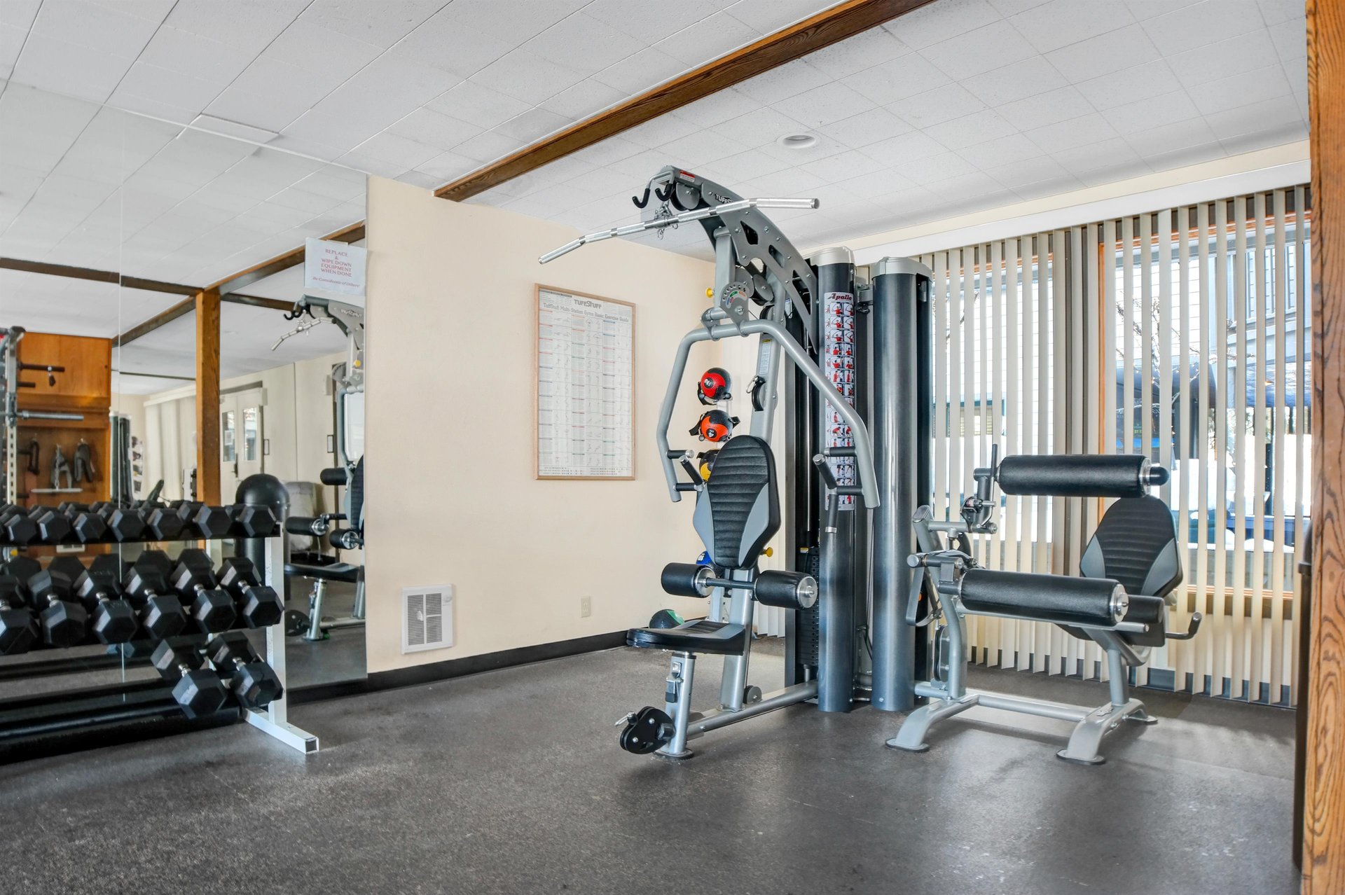 The Snow Flower Condominiums has a fitness Room includes various machines and free weights