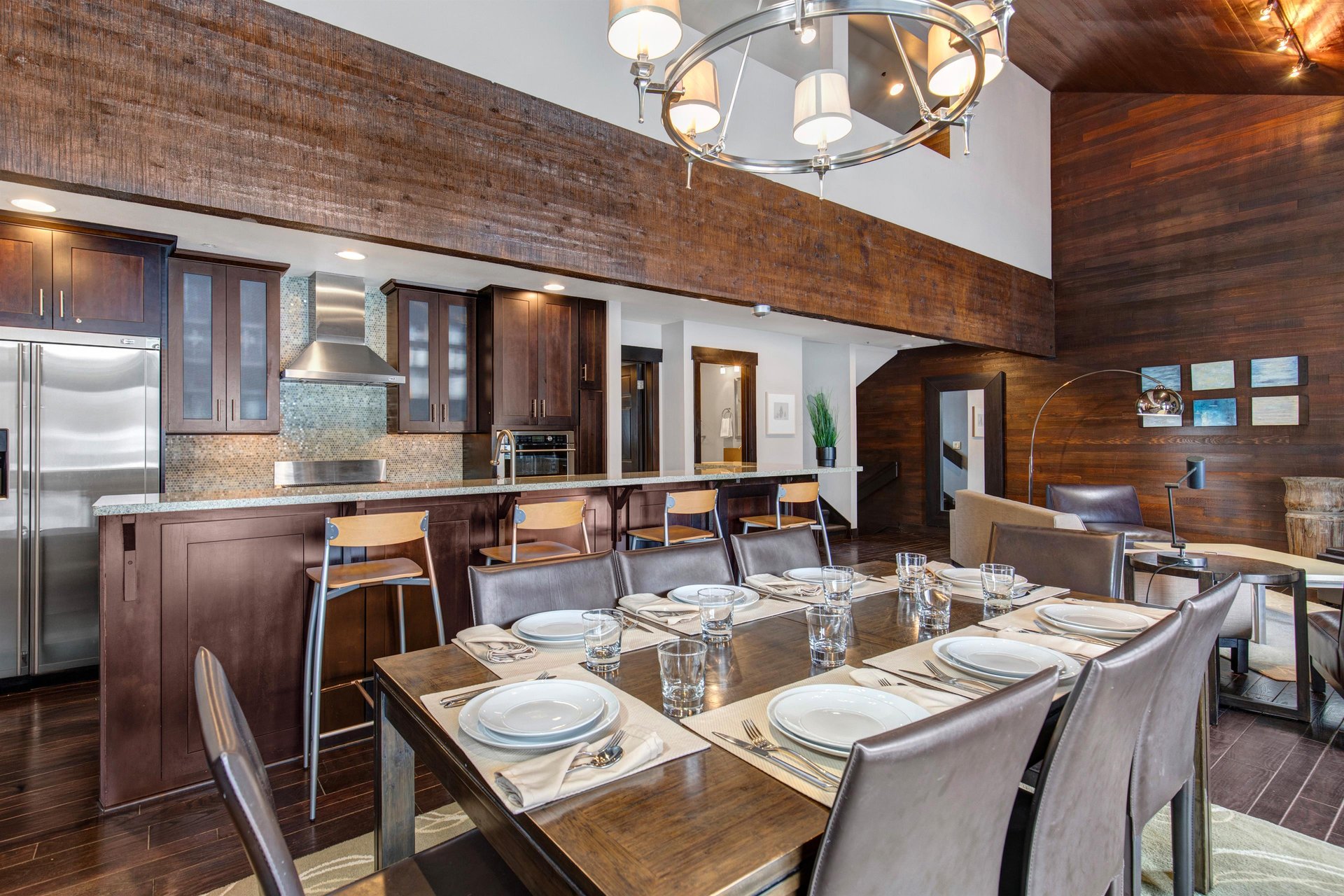The dining area and open concept kitchen with island.