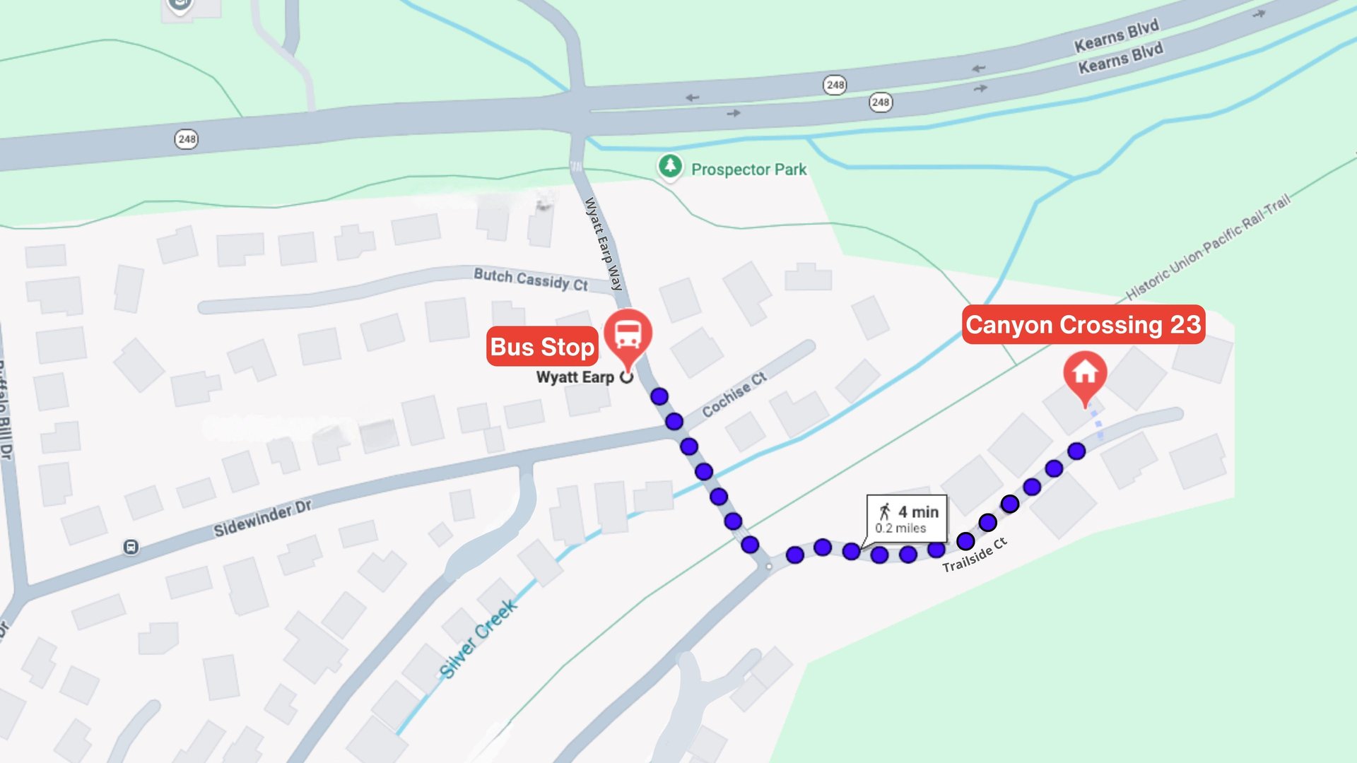 Map showing the propertys location and a nearby bus stop, approximately a 4minute walk away along a marked route.