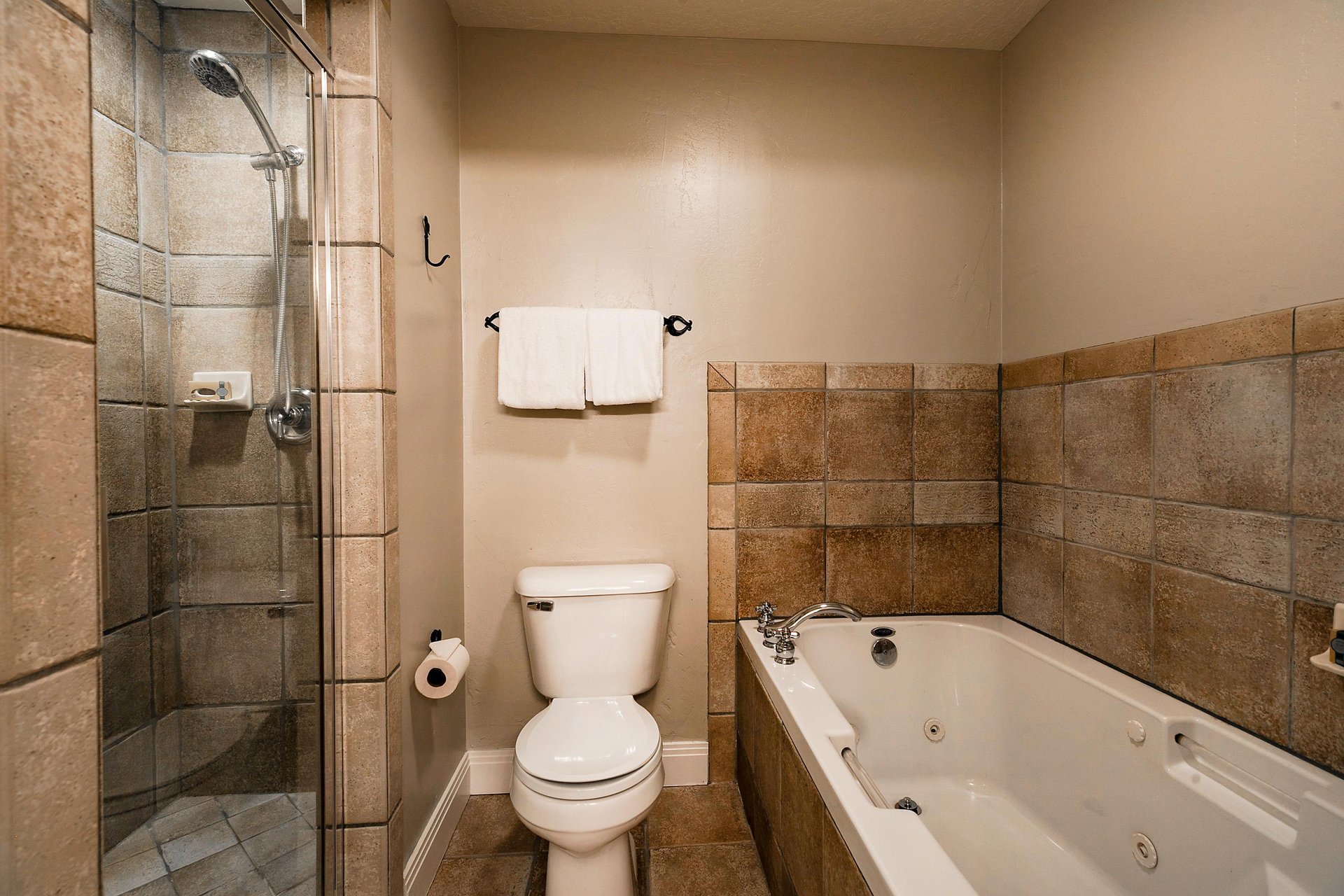 Full main bathroom with separate jetted tub and glass panel shower