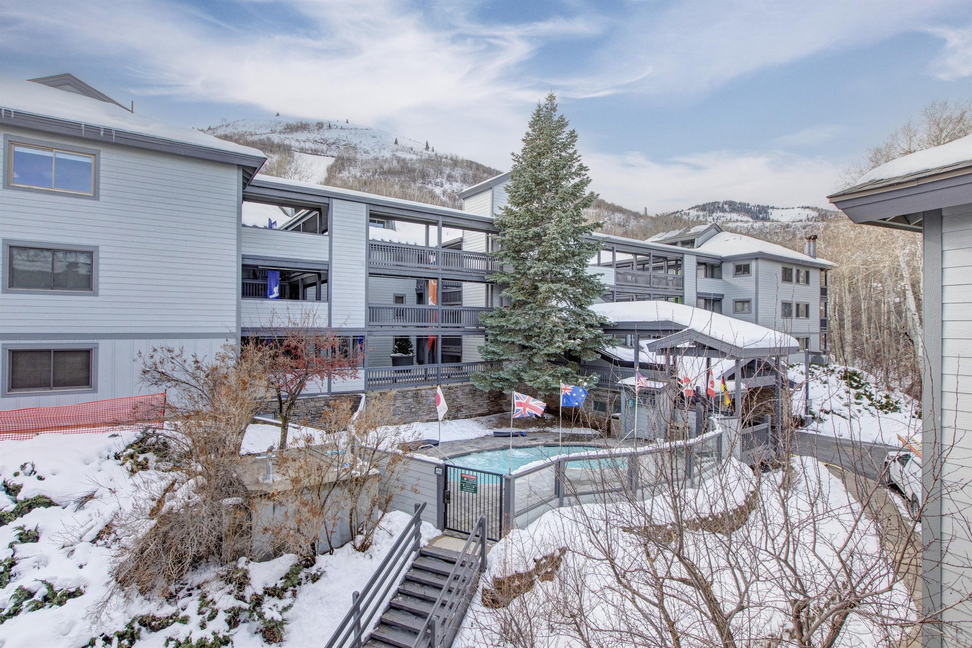 Aerial view of pool 2 in Snow Flower Condos
