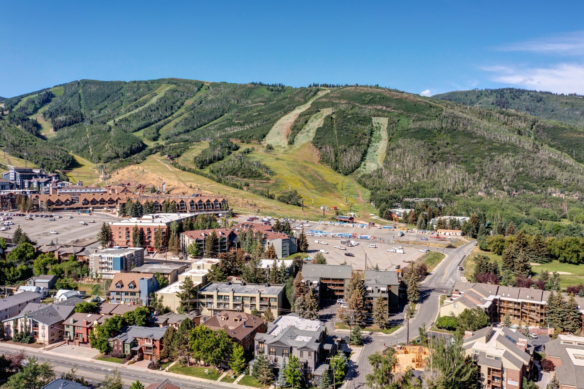 Aerial summer view of Park City Mountain and the surrounding base area near Edelweiss Haus.