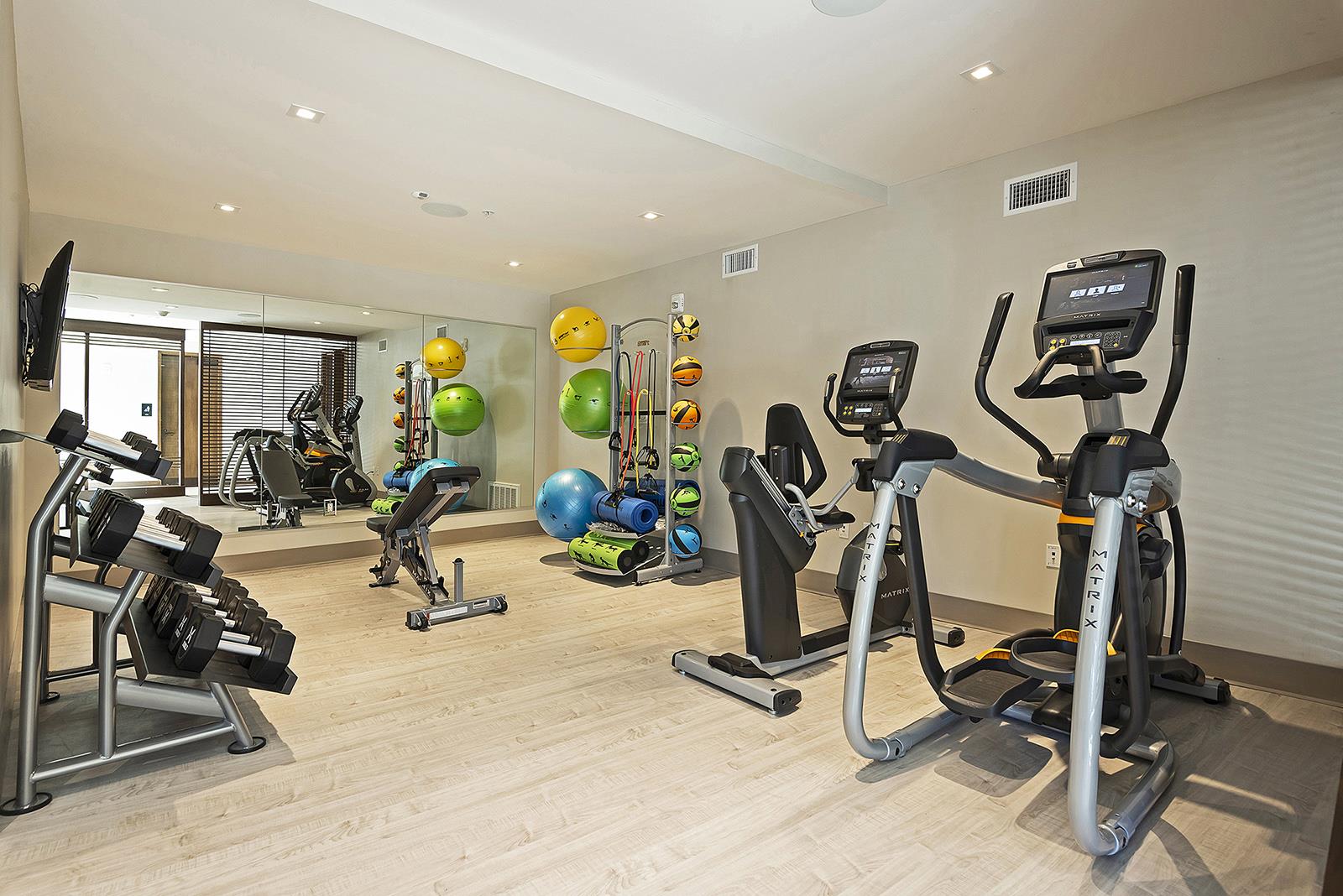 Lift fitness center, hardwood floors, elliptical, stationary bike, weight set, and fitness accessories