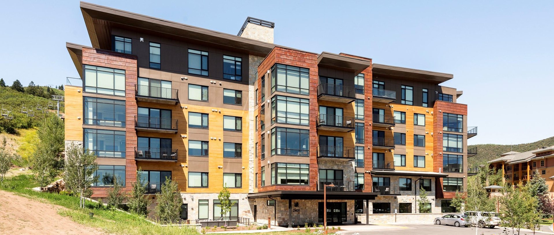 Lift condominiums exterior showing lobby entrance.