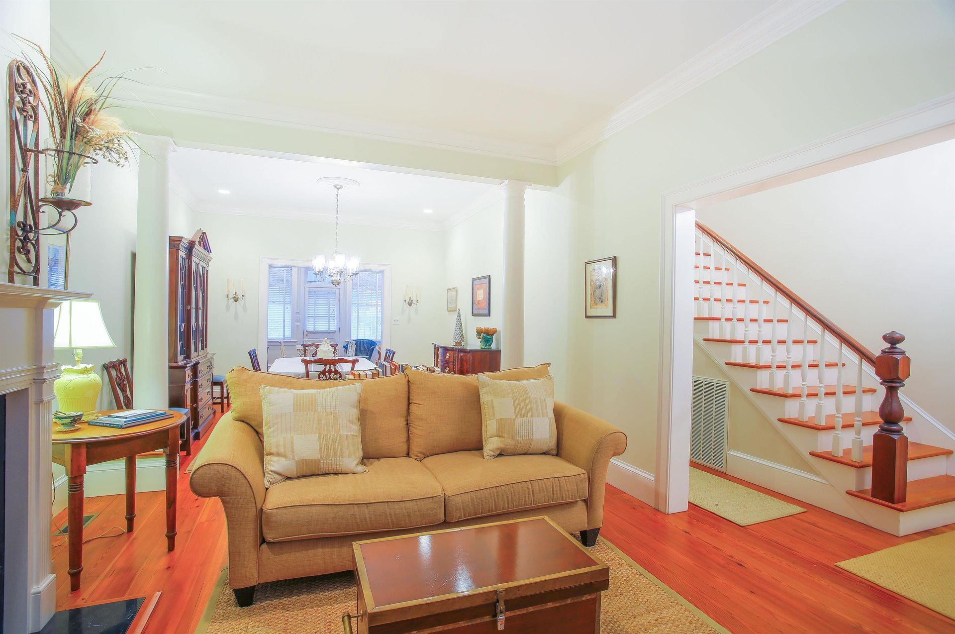 A comfortable couch welcomes you to the living room.