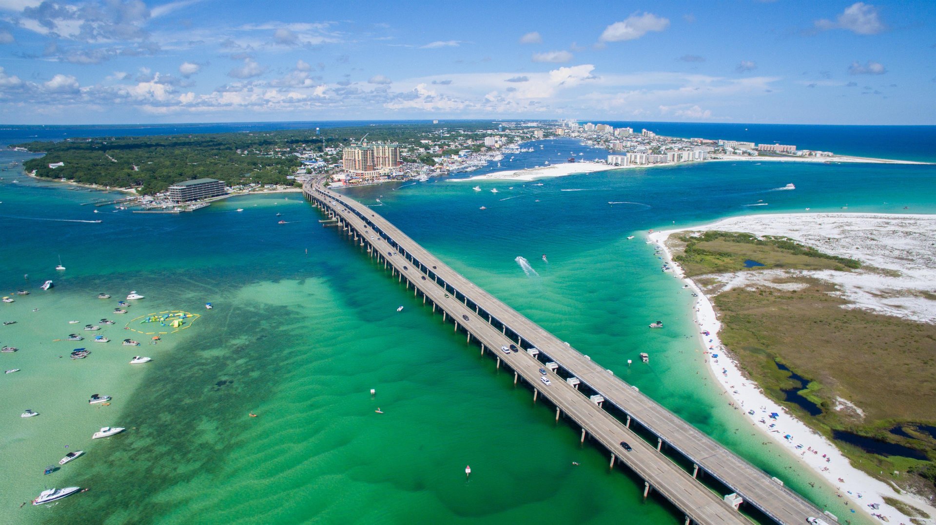 View of Destin bridge with Crab Island to the north, and the East Pass leading to the Gulf on the southern side