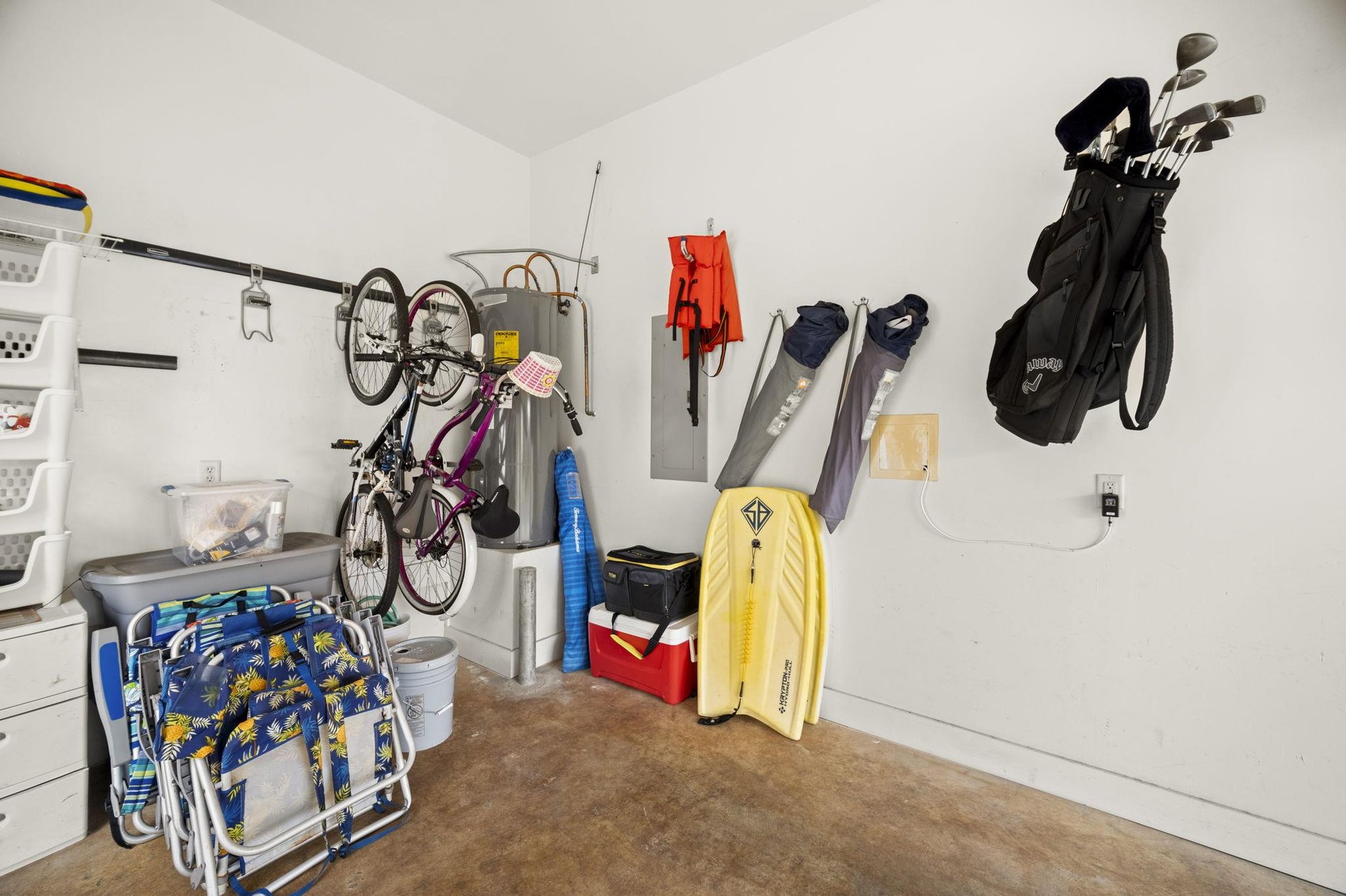 Garage is loaded with beach gear