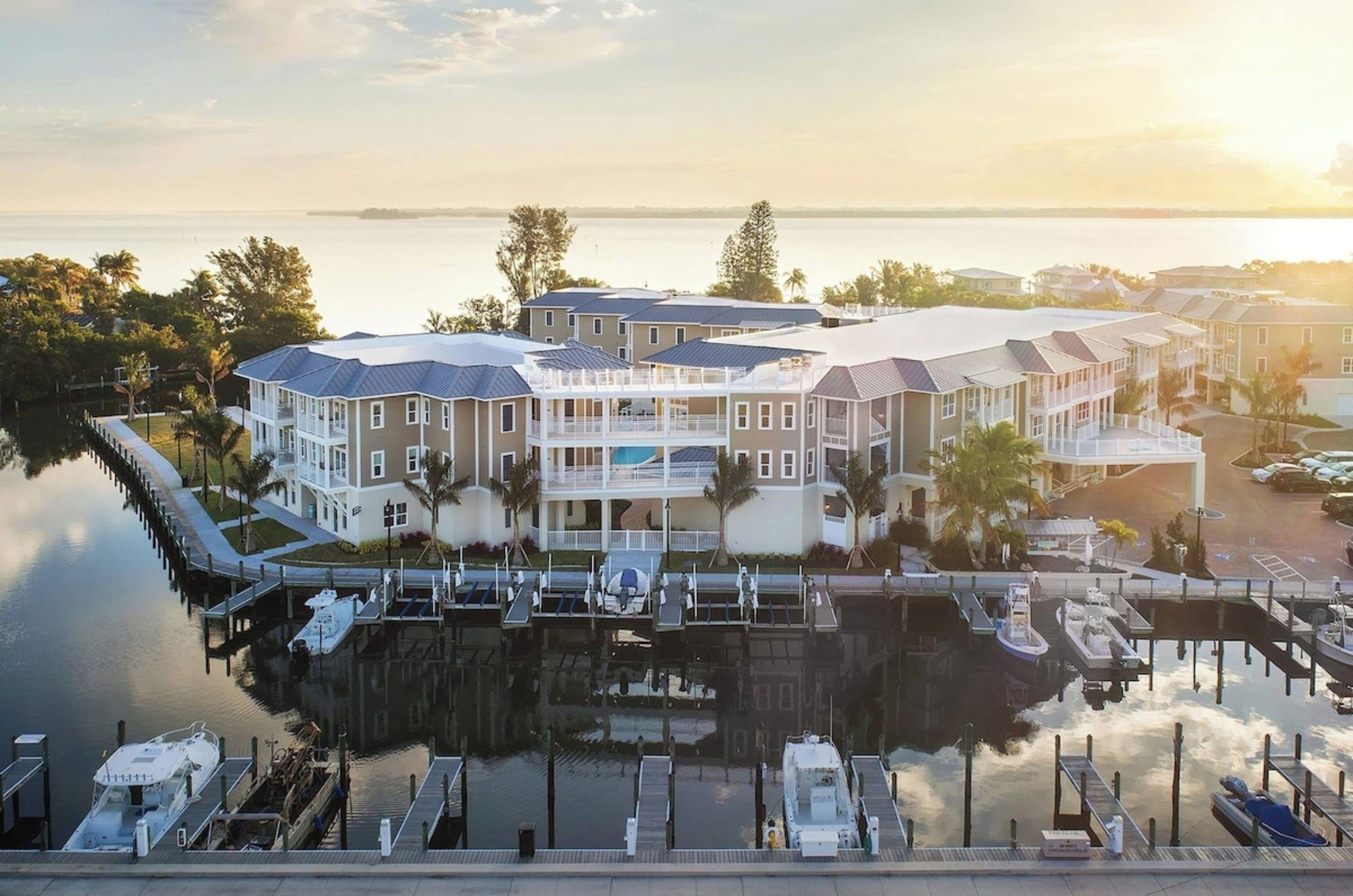 Aerial view of the Waterline Villas  Marina in Holmes Beach, Florida