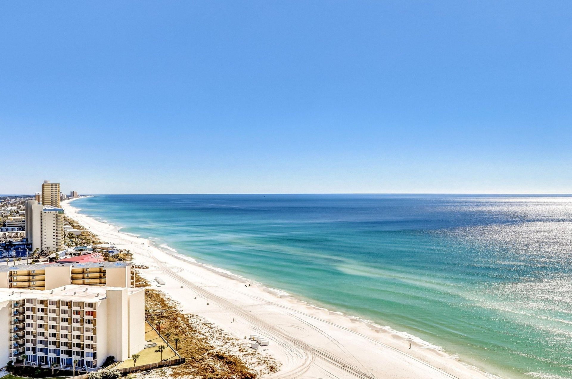 A view of the beach outside Boardwalk Beach Resort in Panama City Beach, Florida