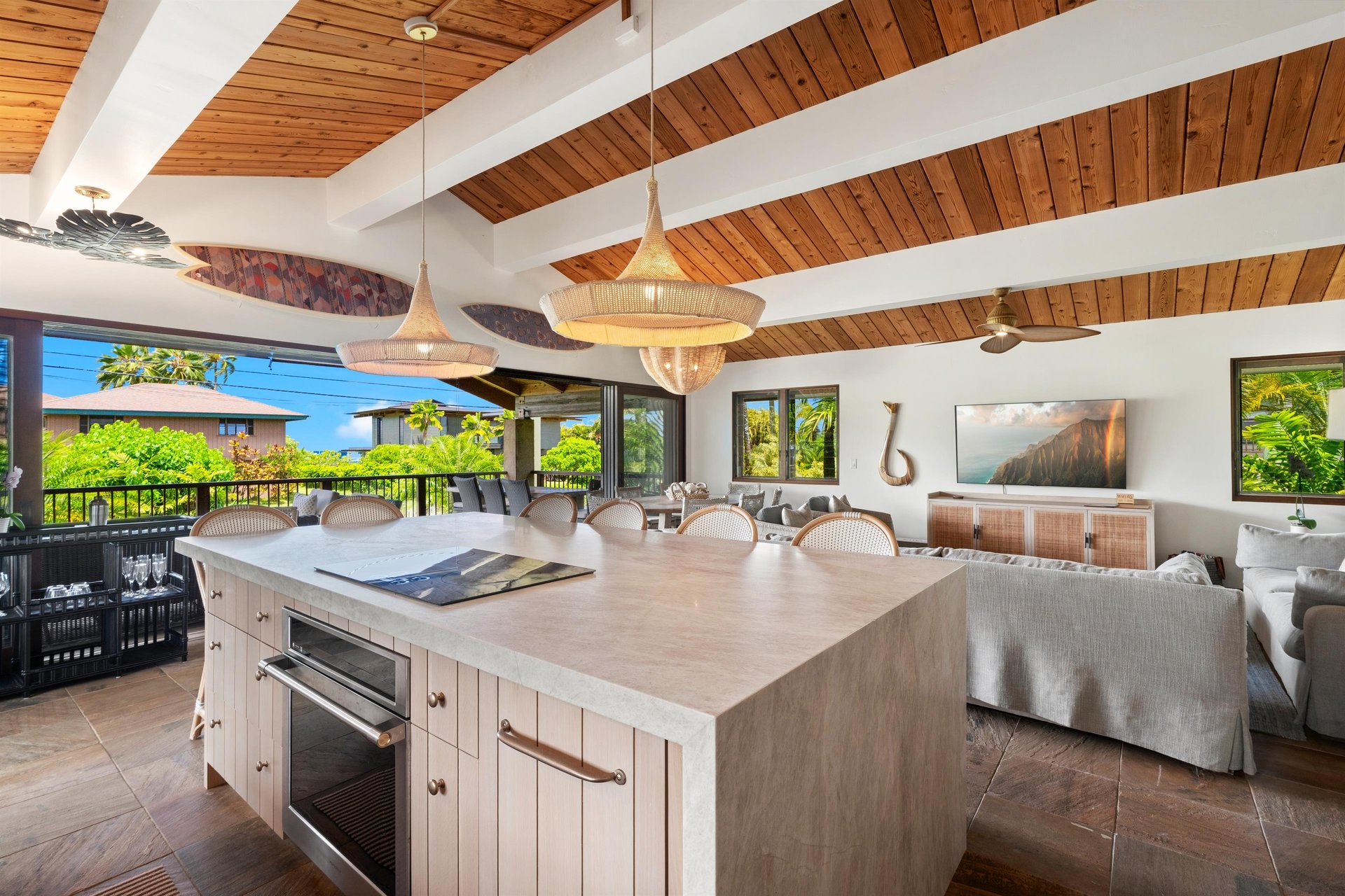 The main kitchen, living room and dining area