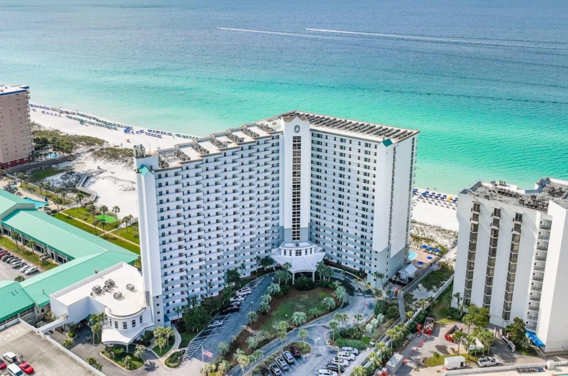 Aerial view of Pelican Beach Resort sitting on the Gulf in Destin Florida