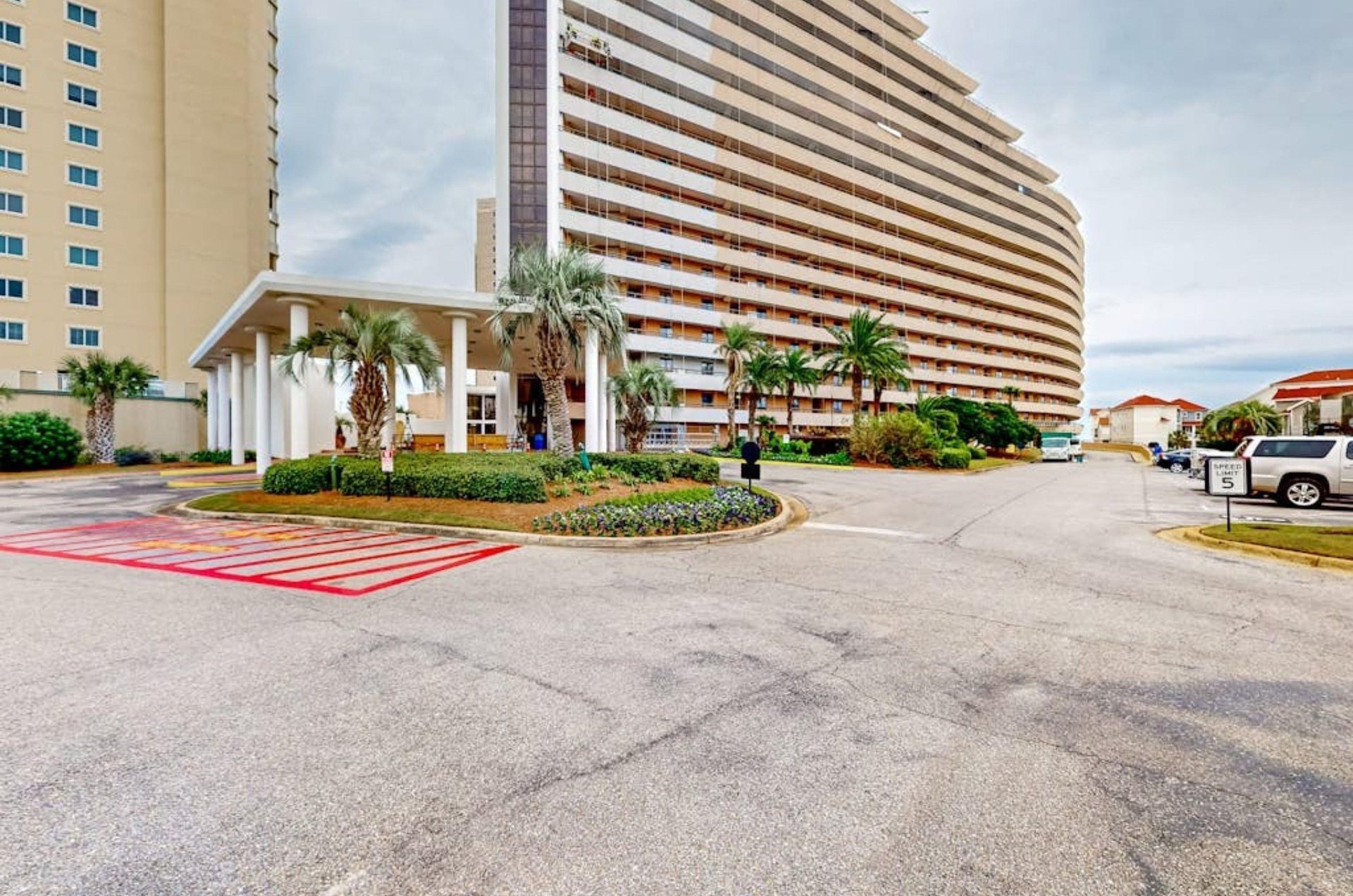The parking lot in front of Edgewater Beach and Golf Resort in Panama City Beach Florida