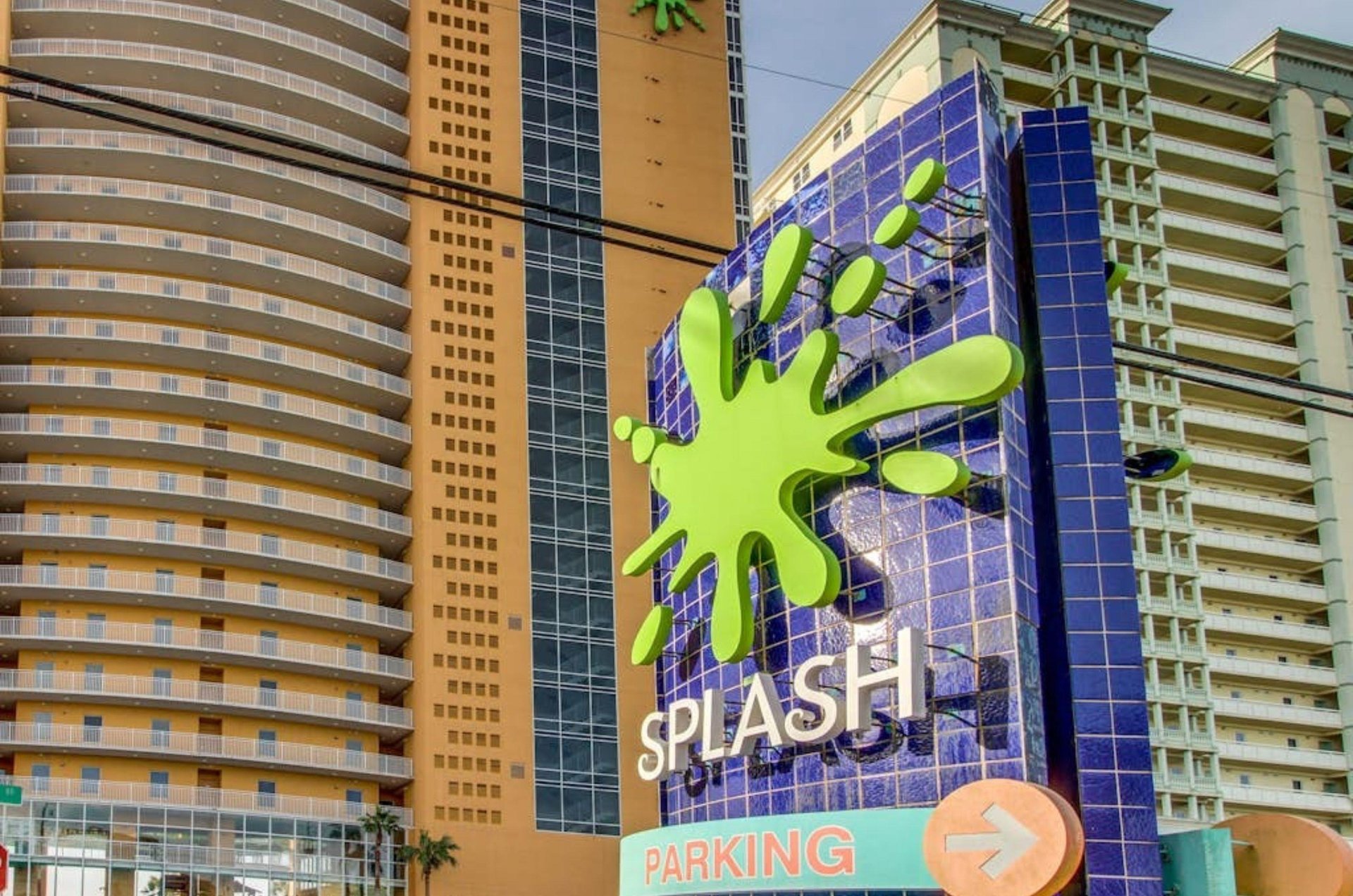The propertys sign in front of one of the highrises at Splash Resort in Panama City Beach Florida