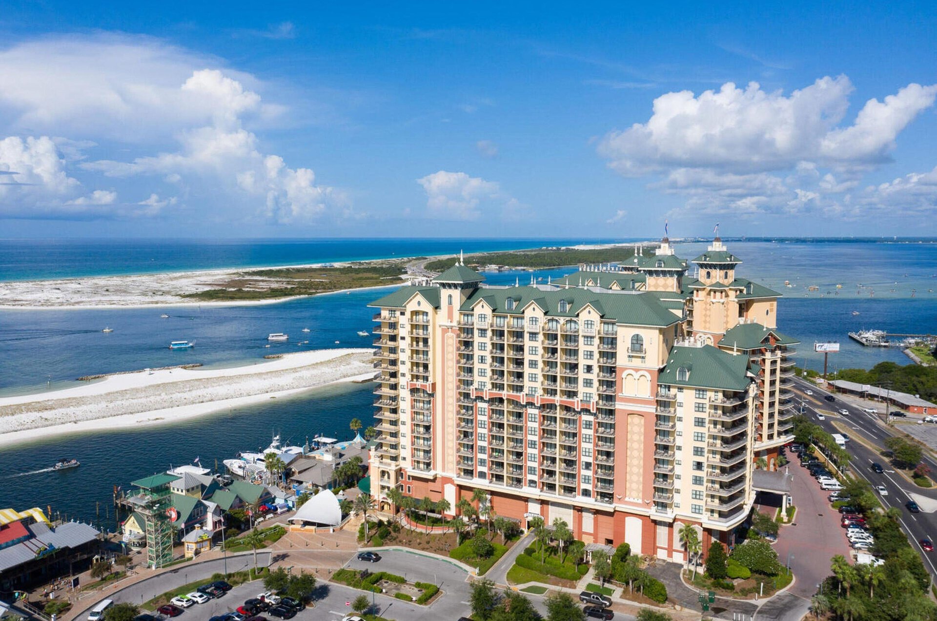 Emerald Grande with Destin Harbor and the Gulf in the background.