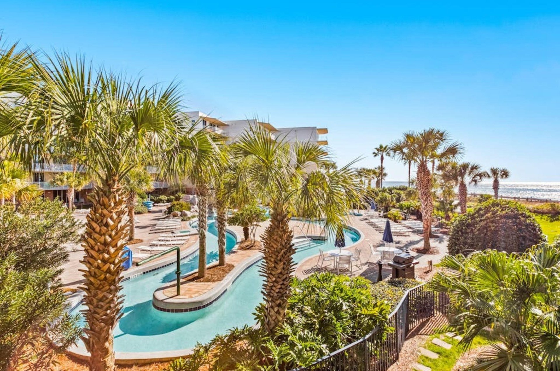 The outdoor lazy river surrounded by trees at Waterscape in Fort Walton Beach Florida