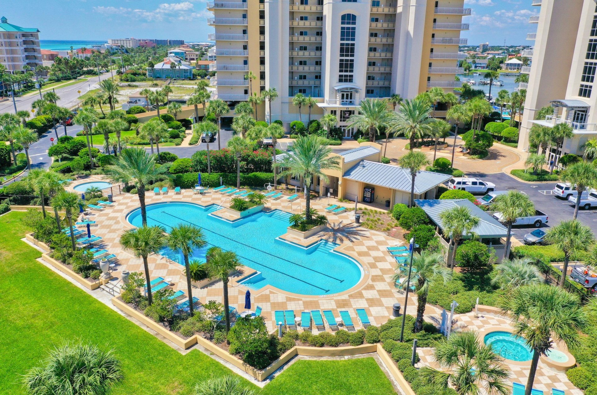Aerial view of the large lagoonstyle pool in between the two towers