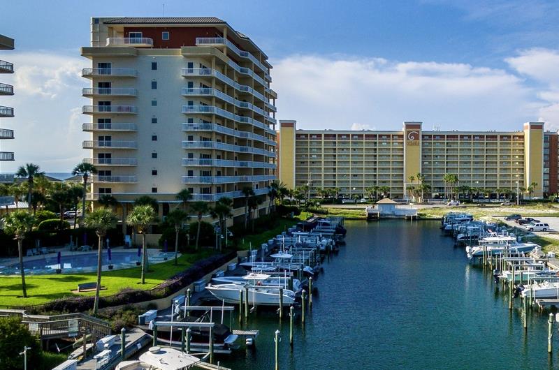 This complex tower sits right beside Destin Harbor.