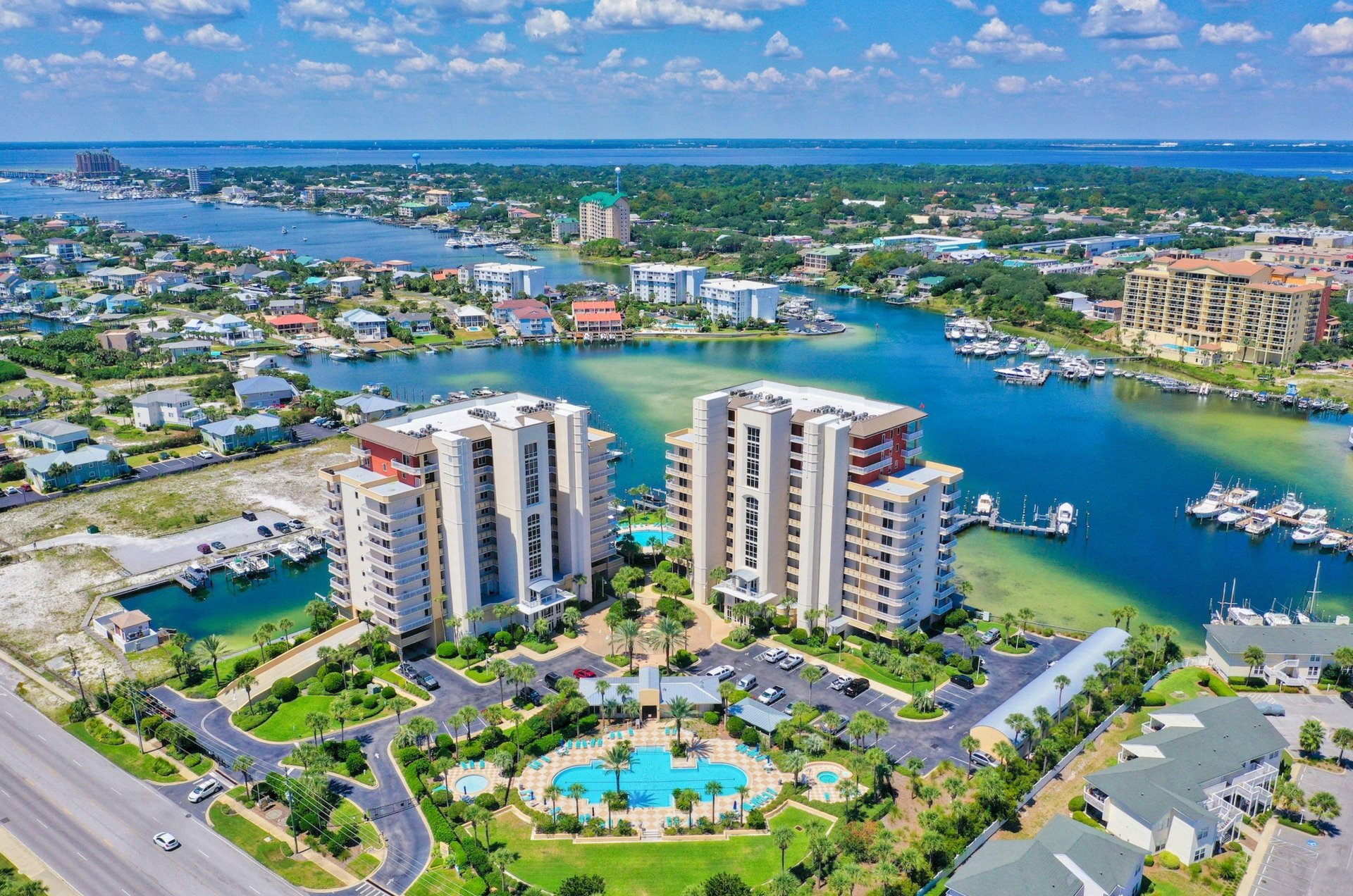 Aerial view of all of Harbor Landings property between the Gulf of Mexico and Choctawhatchee Bay