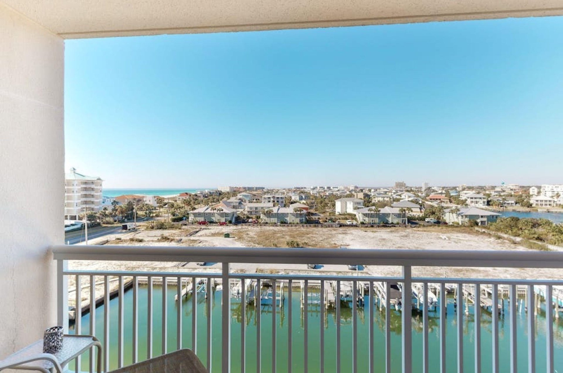 View of the Bay and the Destin Harbor from a private balcony at Harbor Landing