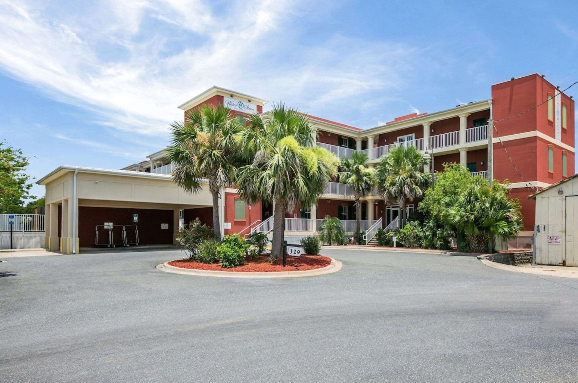 View from the street of Water Street Hotel  Marina in Apalachicola Florida
