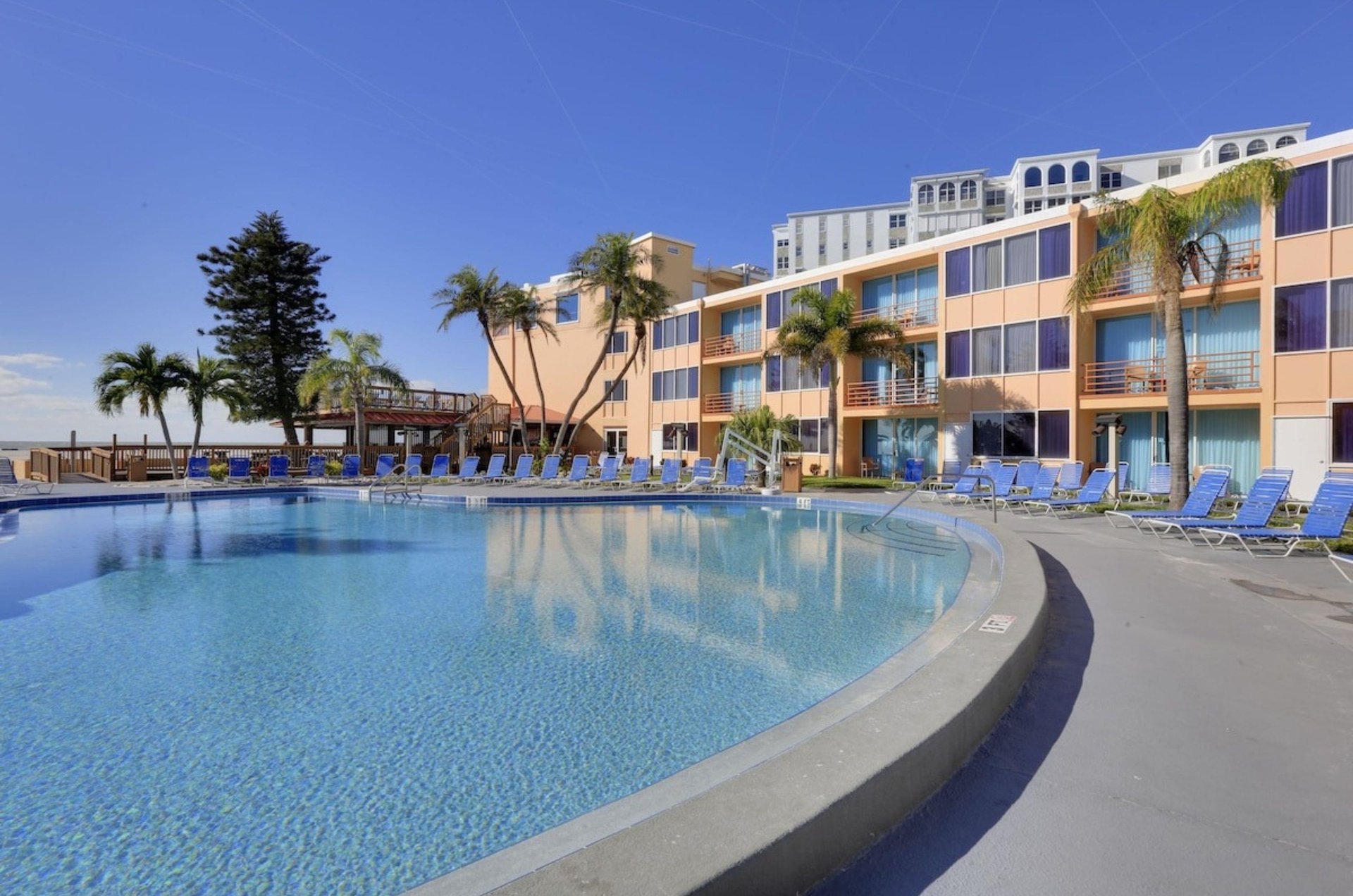 Close up view of the outdoor pool and pool deck at Dolphin Beach Resort