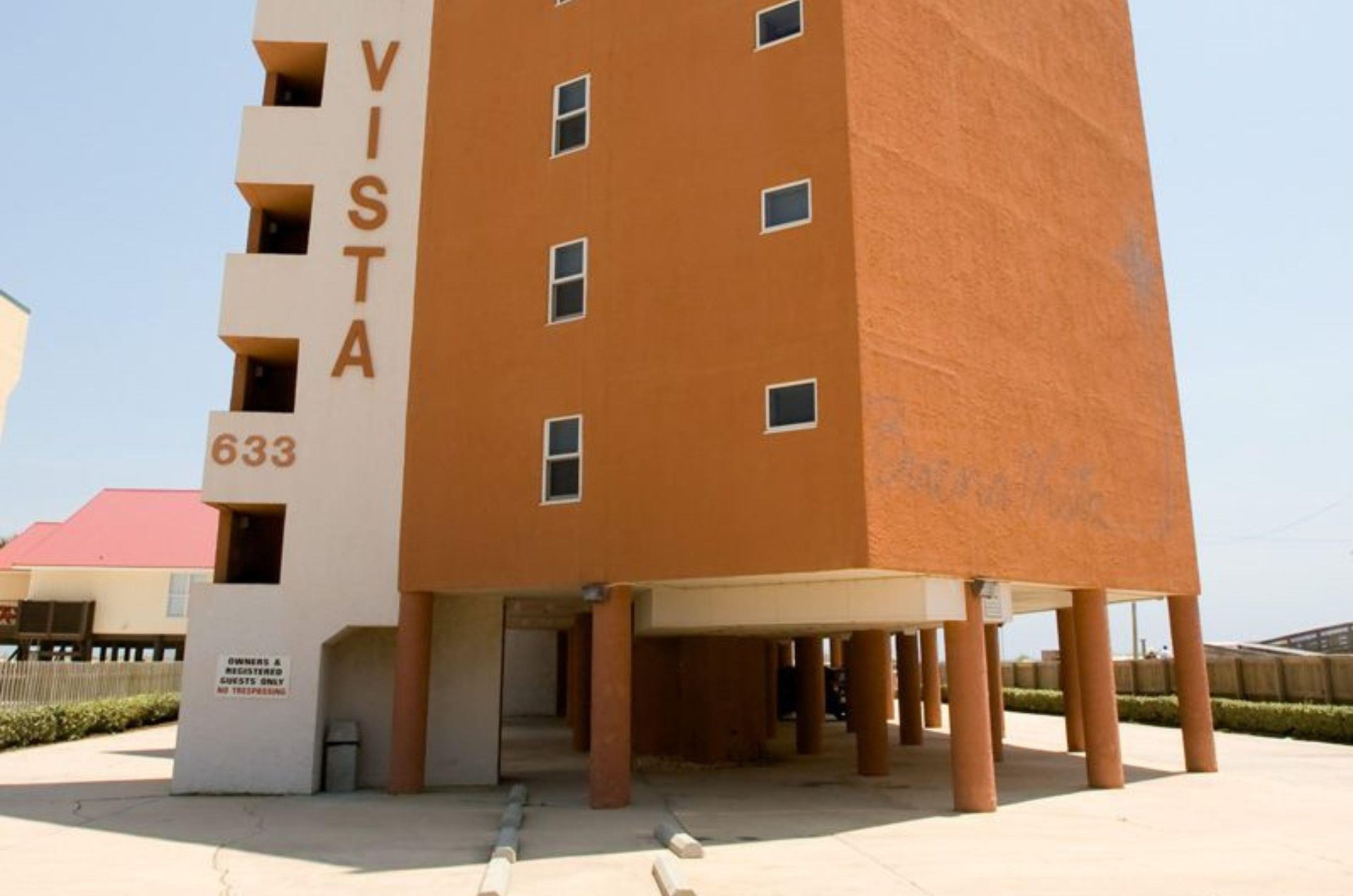 Street view of Buena Vista and covered parking under the building