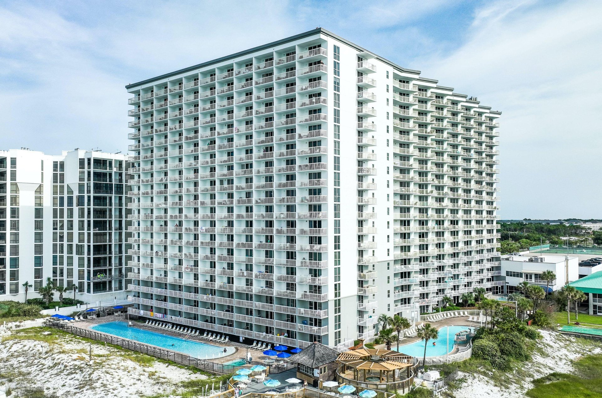 This tower houses dozens of condos with balconies providing sweeping views