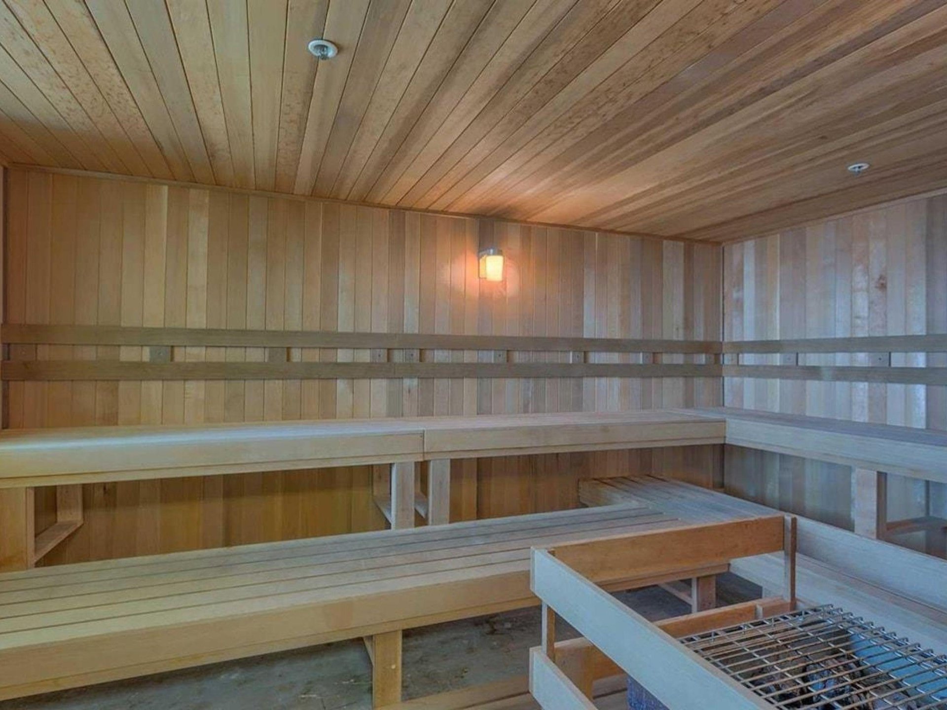The wooden interior of the sauna at The Oasis at Orange Beach