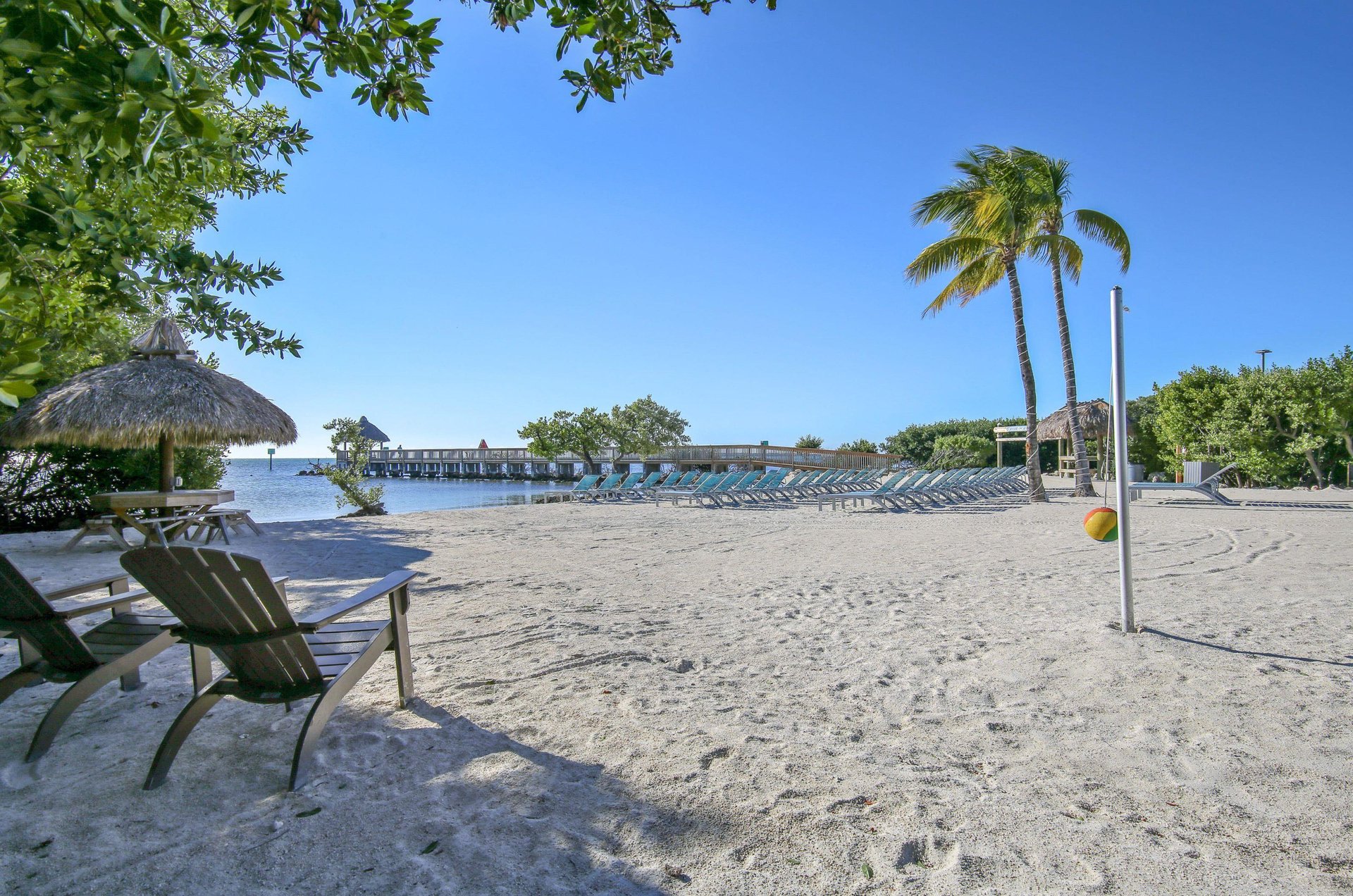 A beautiful Key Largo beach with plenty of lounge chairs for relaxing.