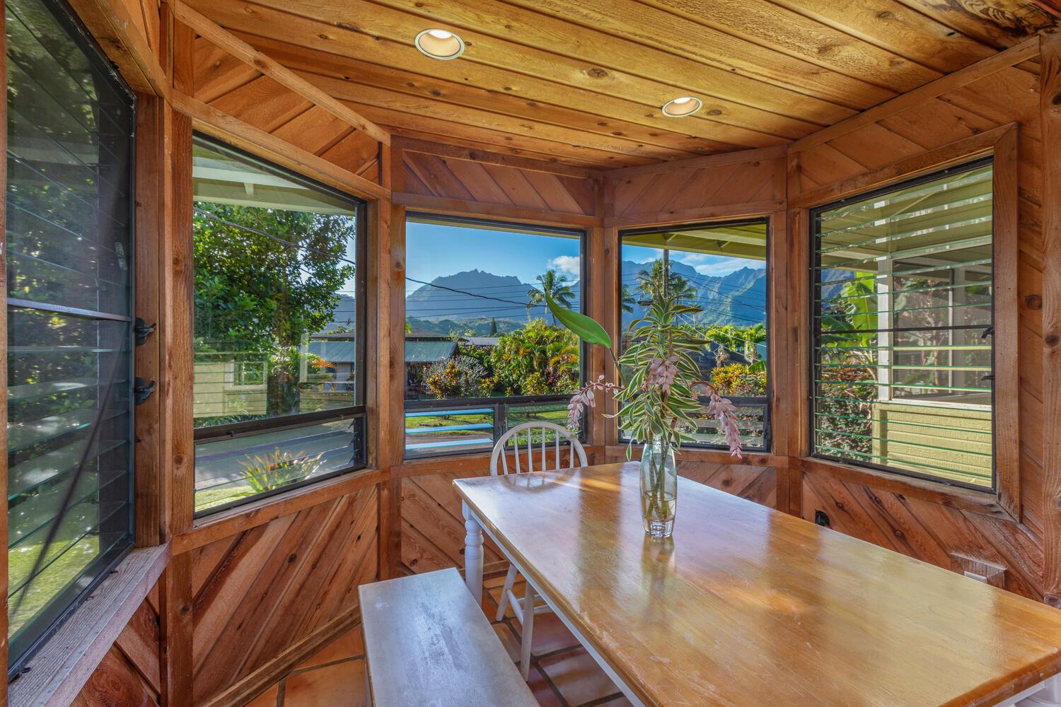 Dining area has mountain views