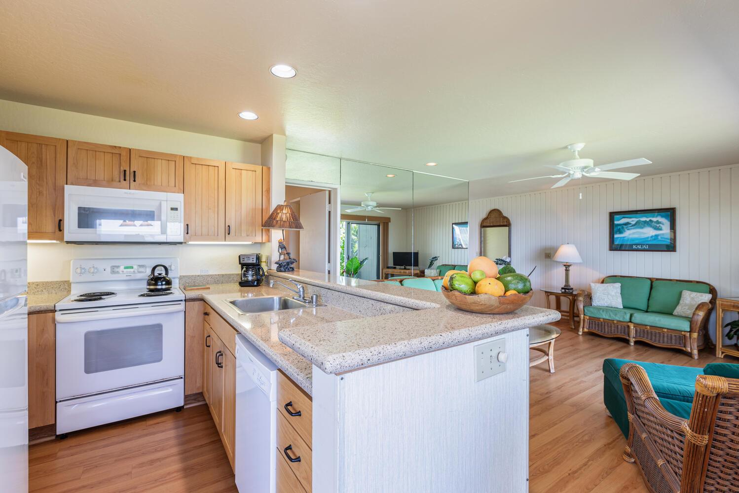 Kitchen is fully equipped with pots, pans and appliances