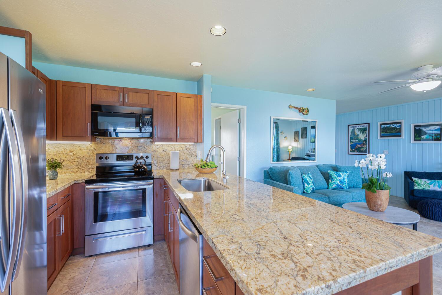 Kitchen is fully equipped with pots, pans  appliances