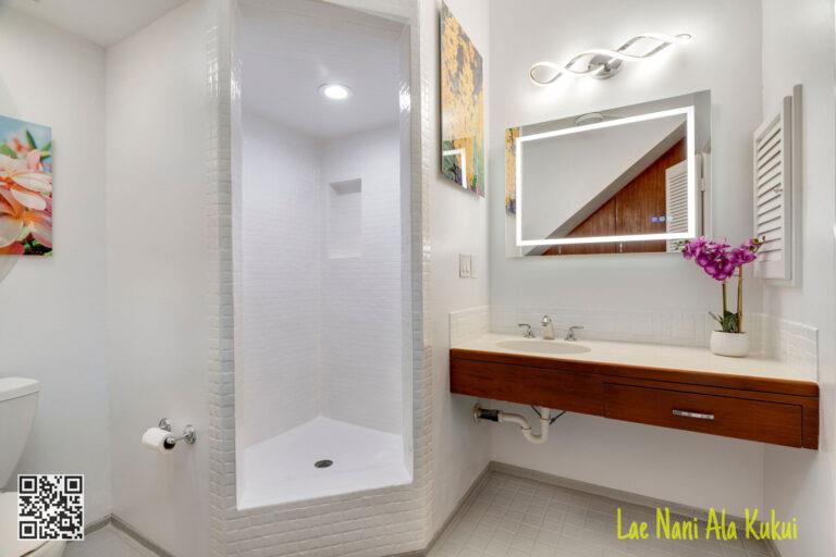 Full bathroom with LED mirror