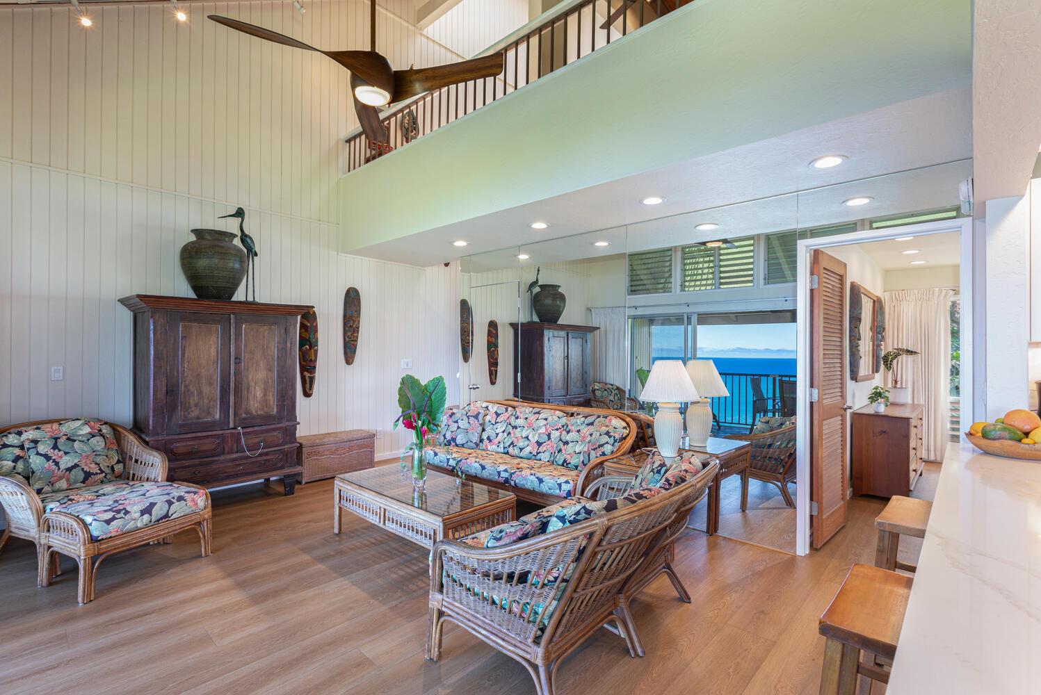 Living area has high vaulted ceilings
