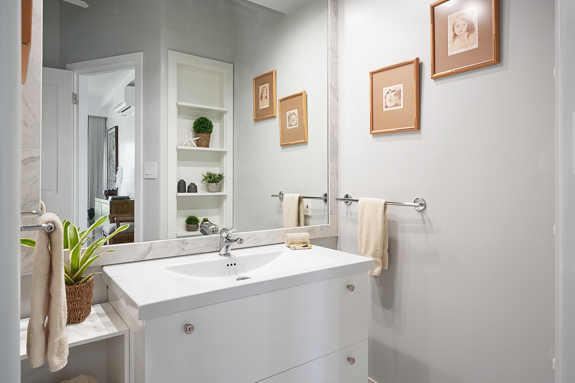 Bathroom vanity with large mirror