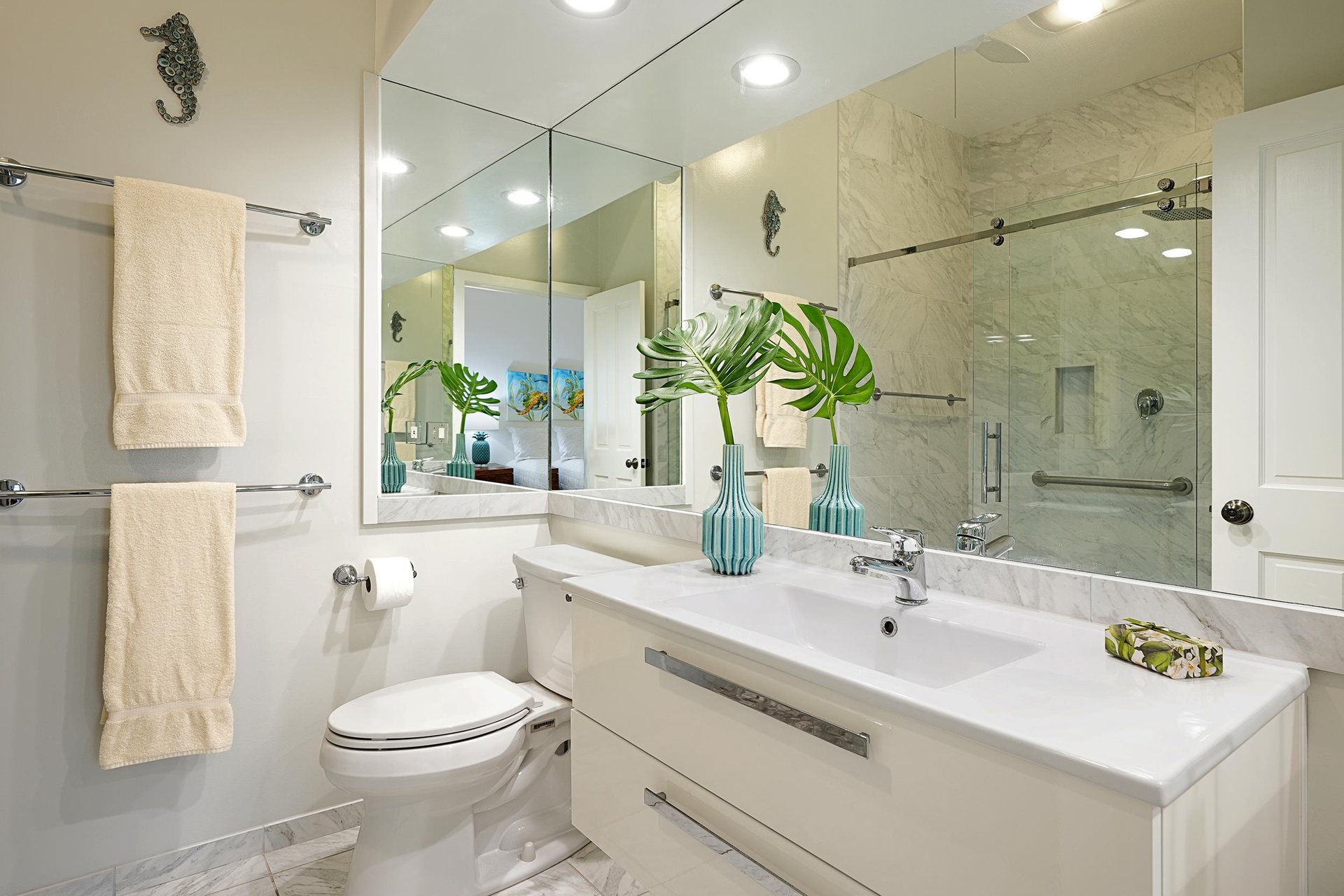 Second bathroom with shower and vanity