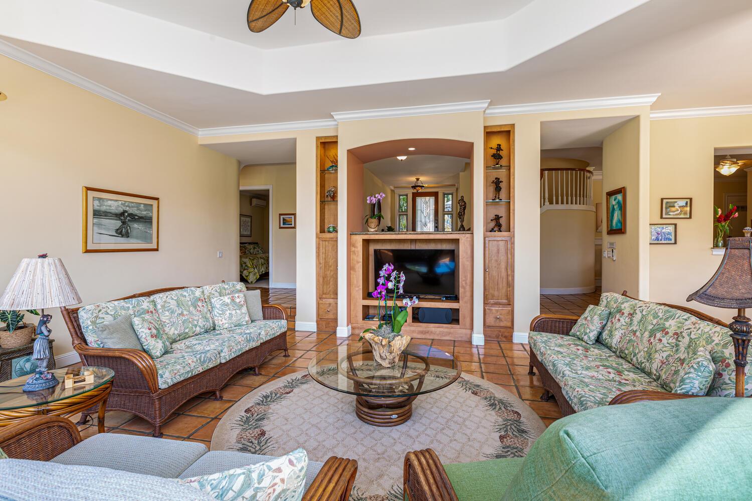 Great room has HDTV with surround sound stereo