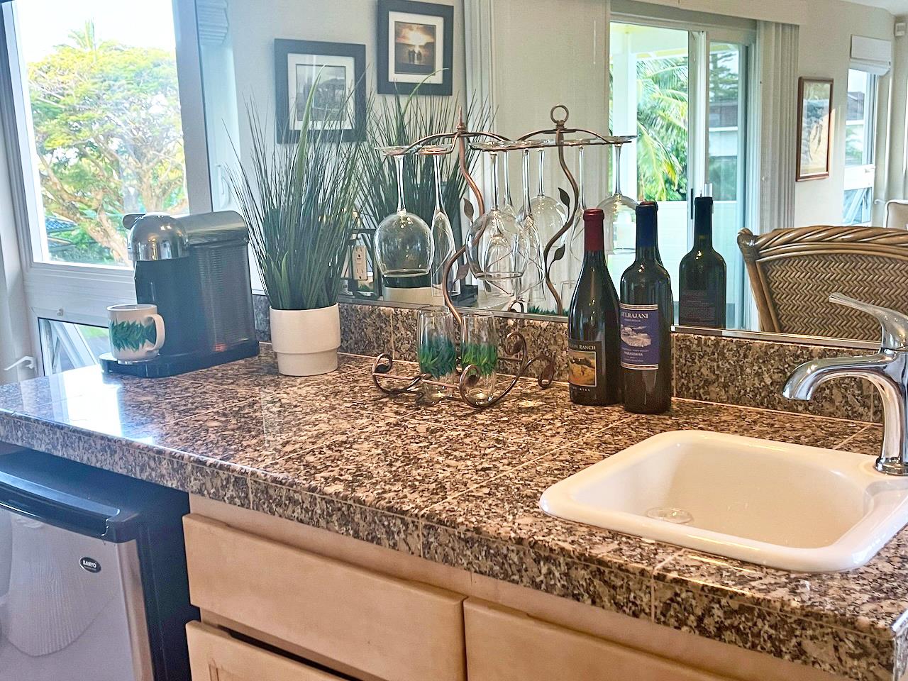 Minifridge, sink and Keurig coffee maker