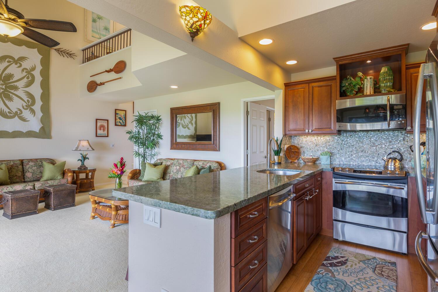 Kitchen w view of living area