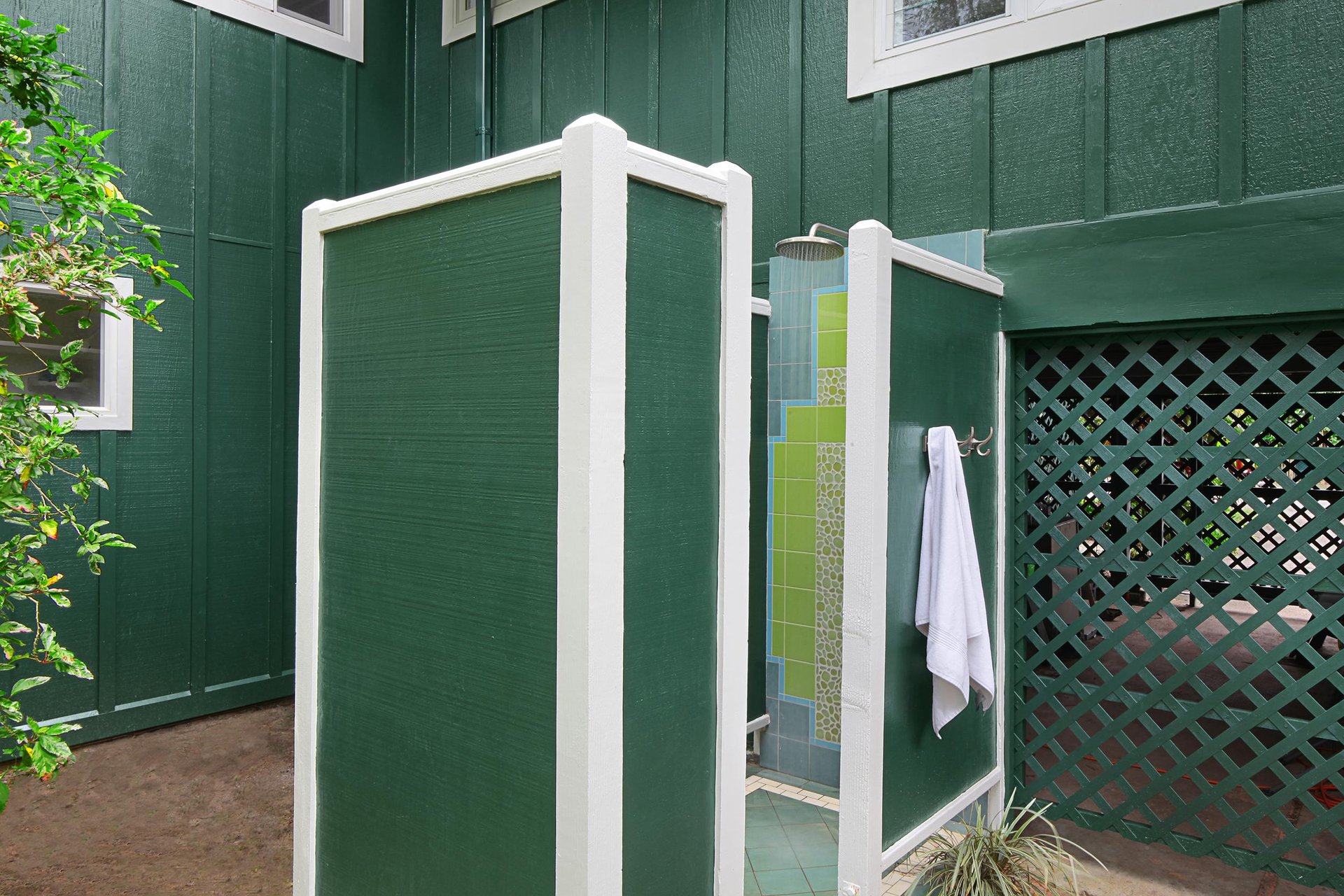 Outdoor shower to rinse off after a day of fun activities
