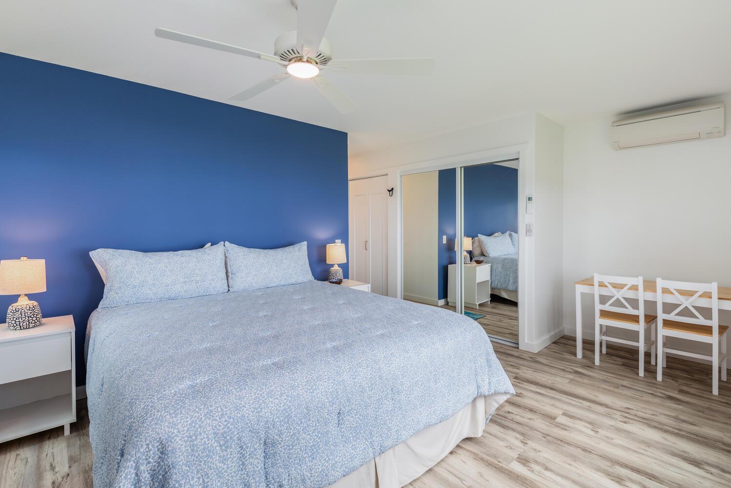 Main bedroom has desk seating for two