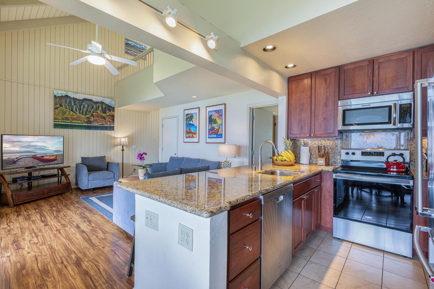 Kitchen opens to living area