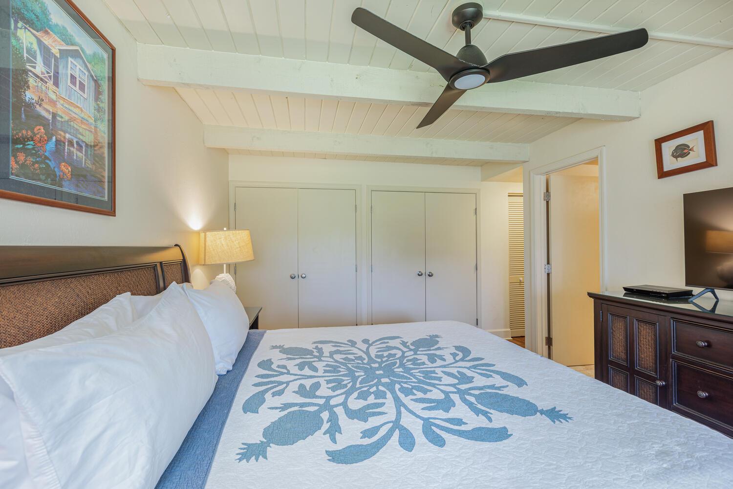 Master bedroom has portable AC and ceiling fan