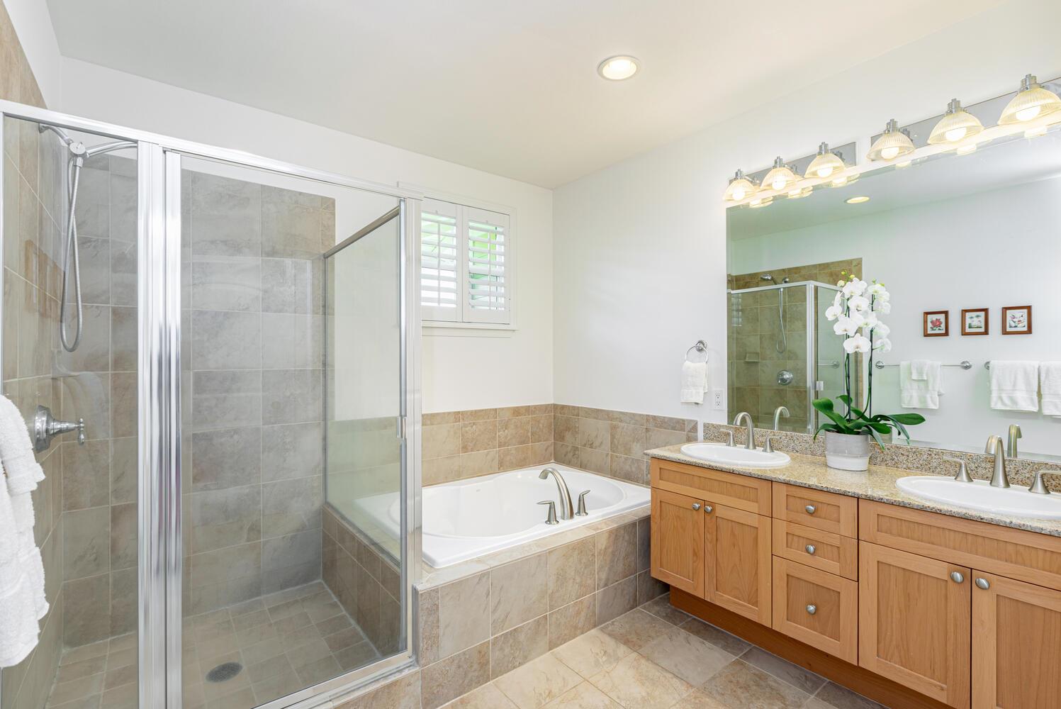 Spacious master bathroom with separate tub