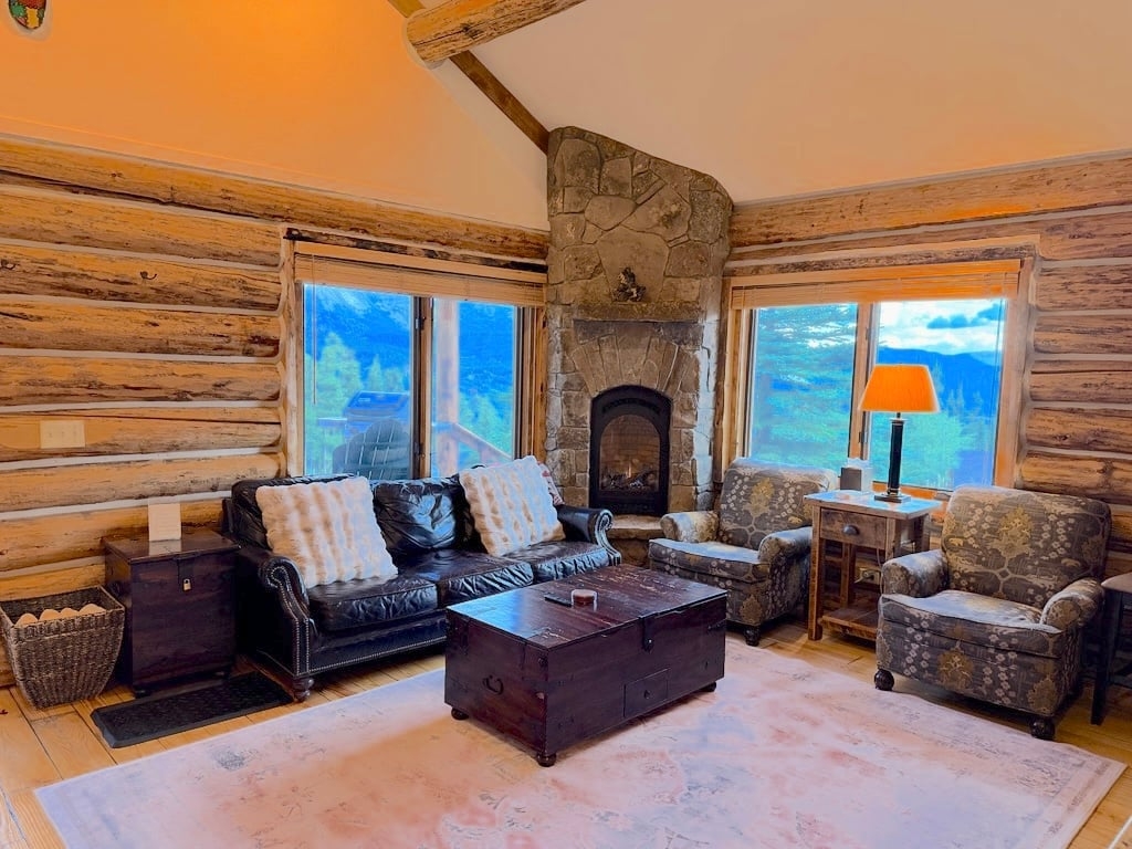 a living room with a fireplace