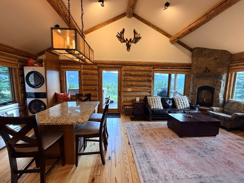 a living room with a fireplace
